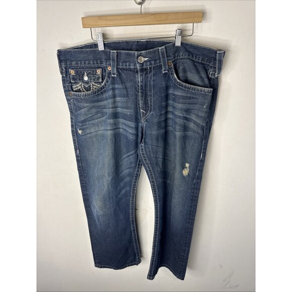 True Religion Jeans Men’s 40X29 Straight Leg Distressed USA Blue Denim - Picture 3 of 8